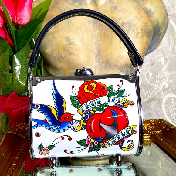 LITTLE EARTH USA PRISTINE Metal Purse Tattoo Art Swarovski Crystals Mini Bag - Picture 5 of 17